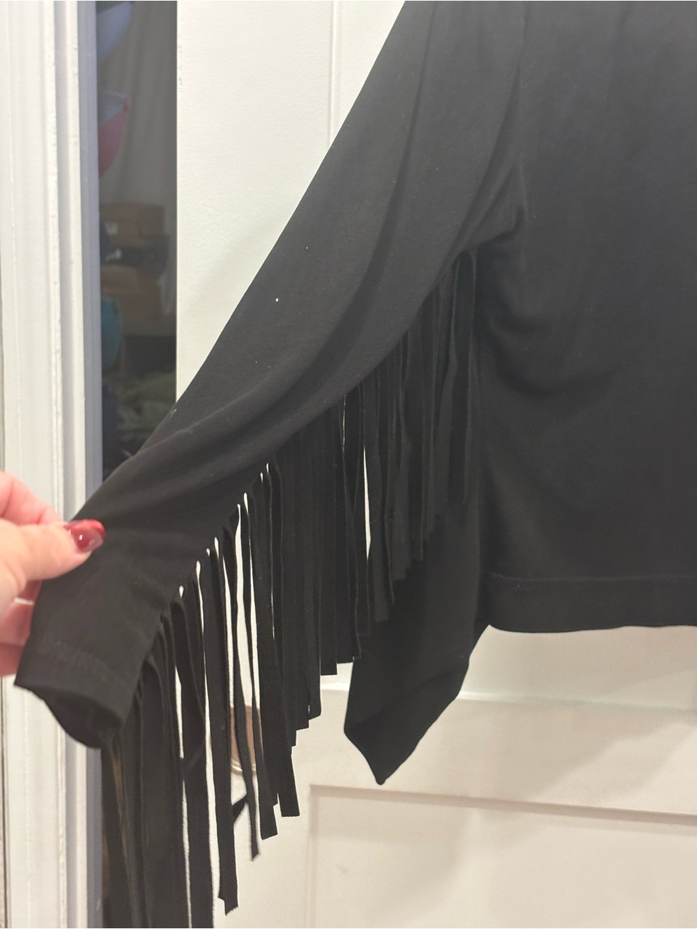 Moon Collection Black Draped Fringe Faux Suede Open Front Cardigan / Jacket - Picture 7 of 7